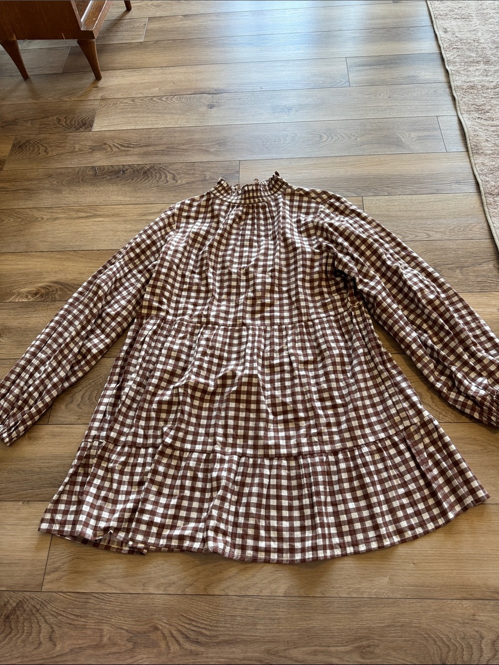 Brown and Cream Gingham Tiered Long-Sleeve Dress